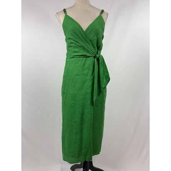 Reiss Esme Wrap Dress Bright Green Size 10 Reiss Linen Dress Bright Green Midi - Picture 2 of 14